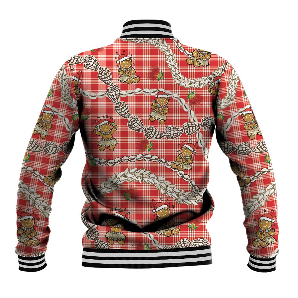 Red Palaka Hawaii Mele Kalikimaka Baseball Jacket Ohia Lehua Shell Leis Funny Gingerbread Santa LT14 - Polynesian Pride