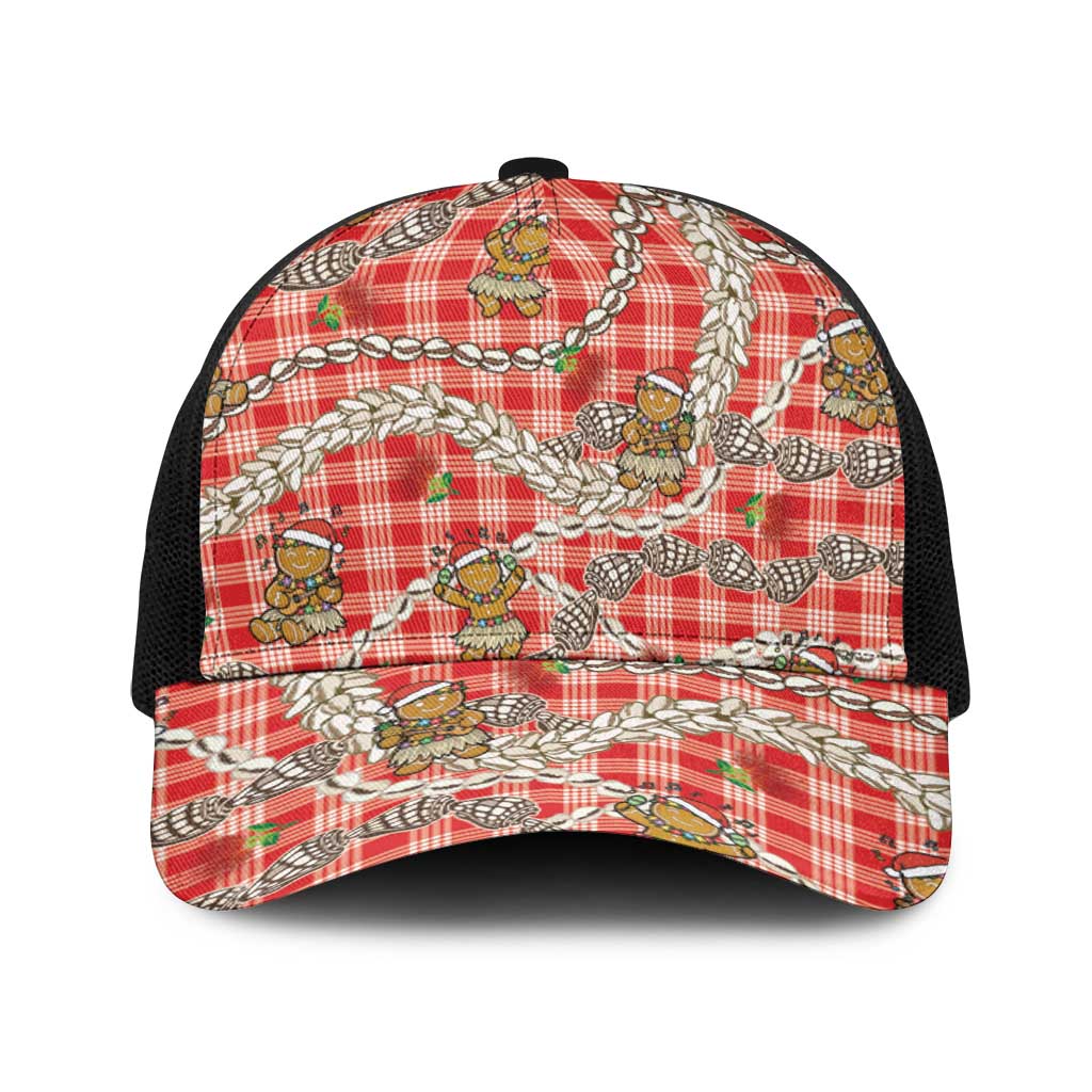 Red Palaka Hawaii Mele Kalikimaka Baseball Net Cap Ohia Lehua Shell Leis Funny Gingerbread Santa LT14 One Size Black Red - Polynesian Pride