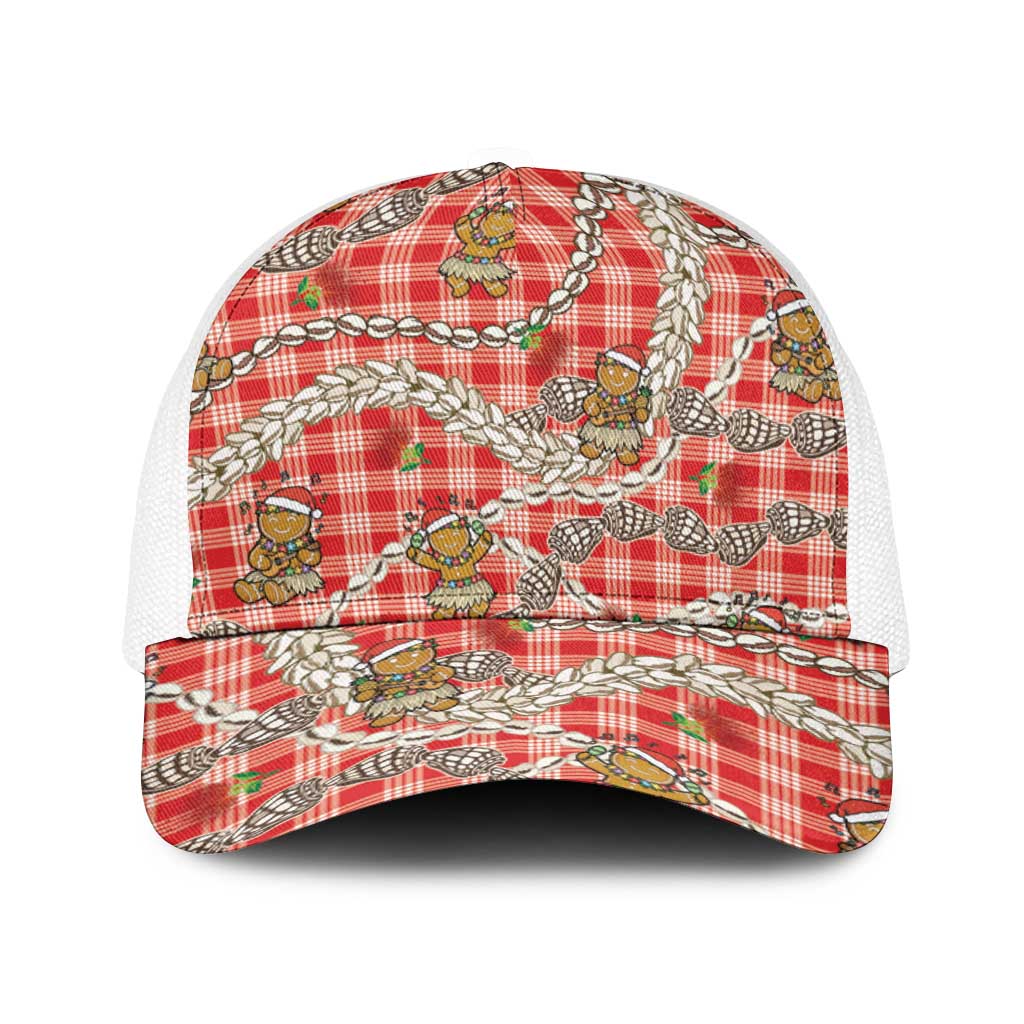 Red Palaka Hawaii Mele Kalikimaka Baseball Net Cap Ohia Lehua Shell Leis Funny Gingerbread Santa LT14 One Size White Red - Polynesian Pride