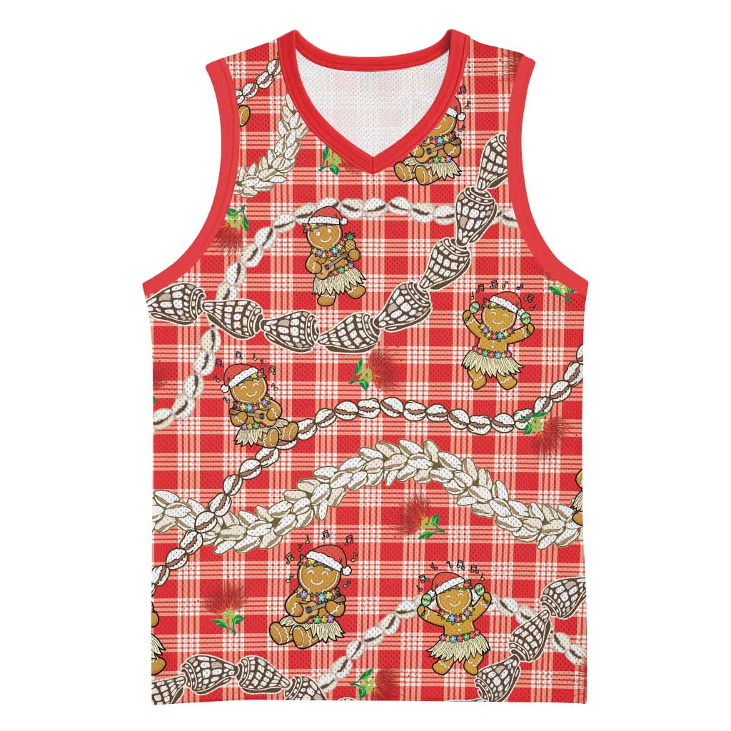 Red Palaka Hawaii Mele Kalikimaka Basketball Jersey Ohia Lehua Shell Leis Funny Gingerbread Santa LT14 Unisex Red - Polynesian Pride