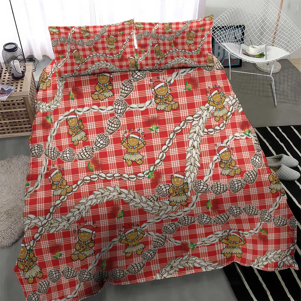 Red Palaka Hawaii Mele Kalikimaka Bedding Set Ohia Lehua Shell Leis Funny Gingerbread Santa - Polynesian Pride