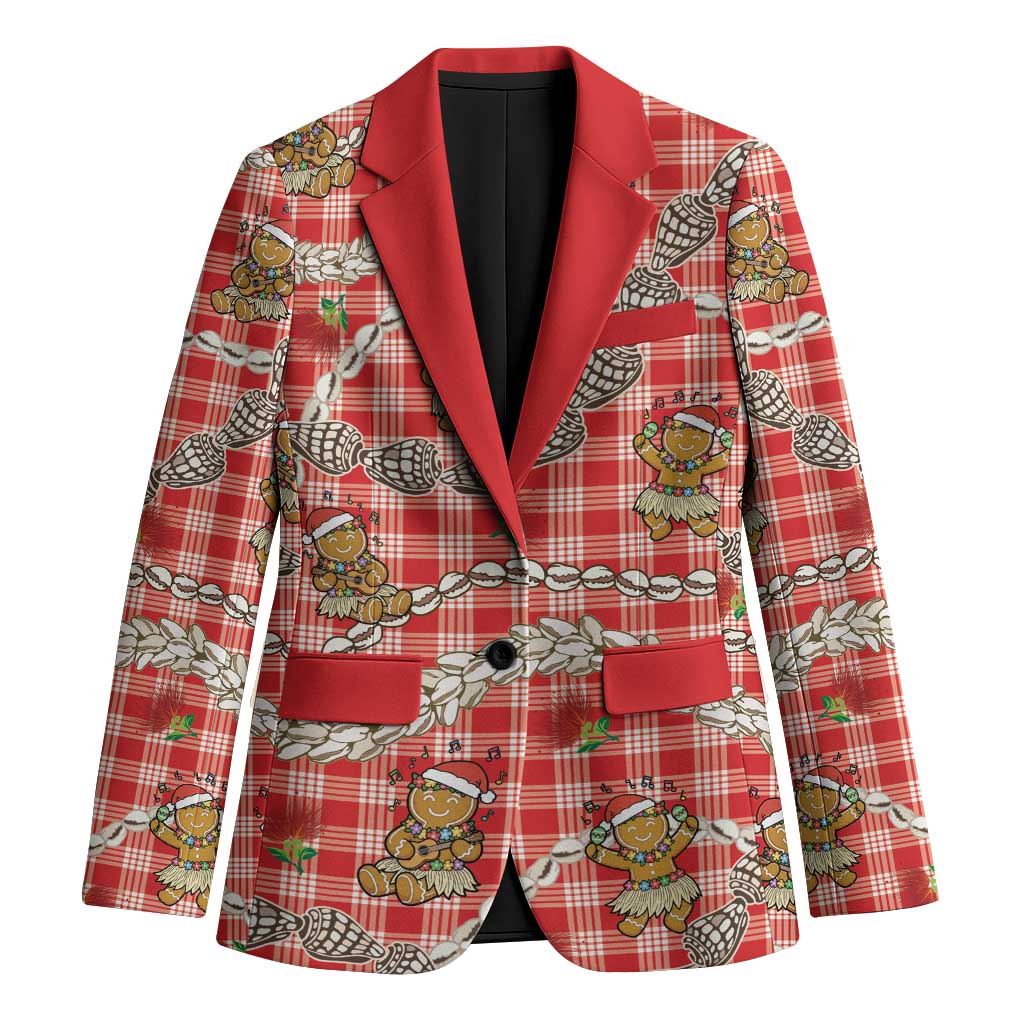 Red Palaka Hawaii Mele Kalikimaka Blazer Ohia Lehua Shell Leis Funny Gingerbread Santa - Polynesian Pride