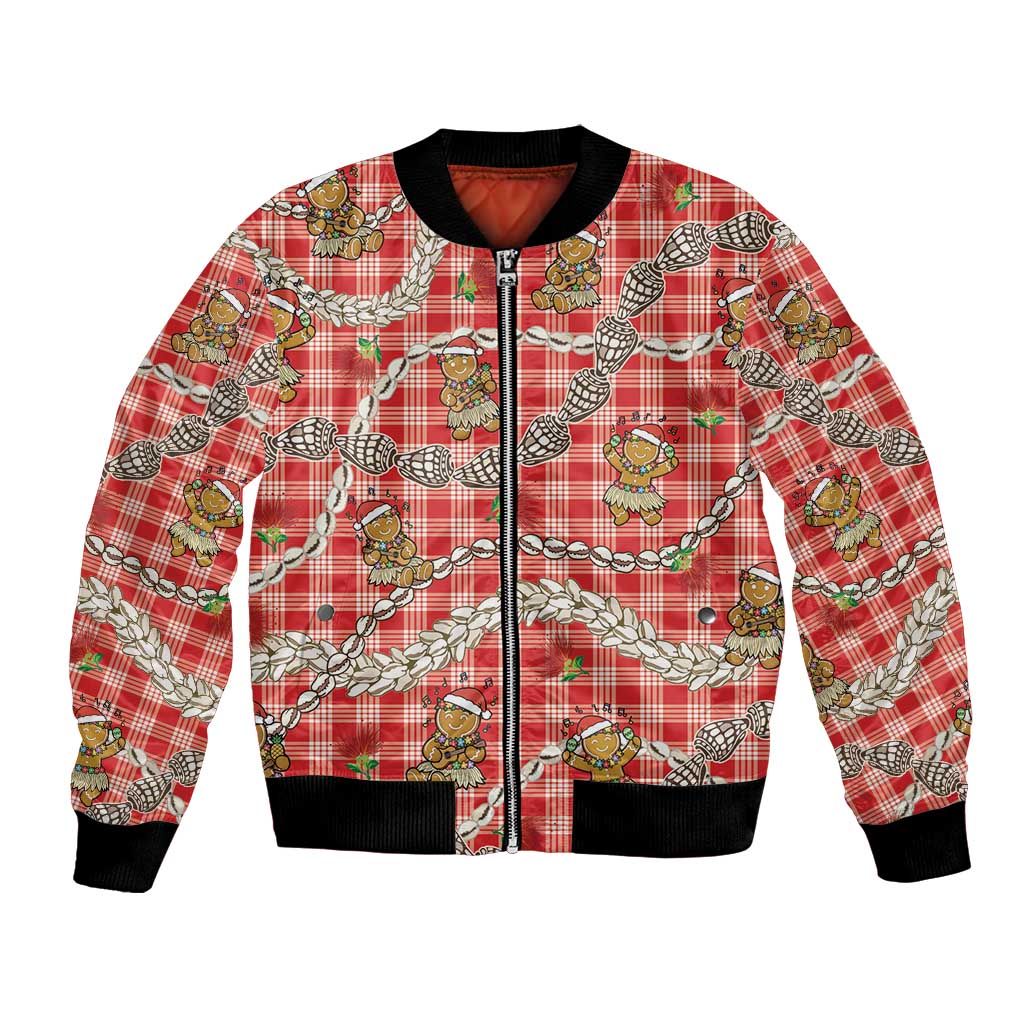 Red Palaka Hawaii Mele Kalikimaka Bomber Jacket Ohia Lehua Shell Leis Funny Gingerbread Santa LT14 Unisex Red - Polynesian Pride