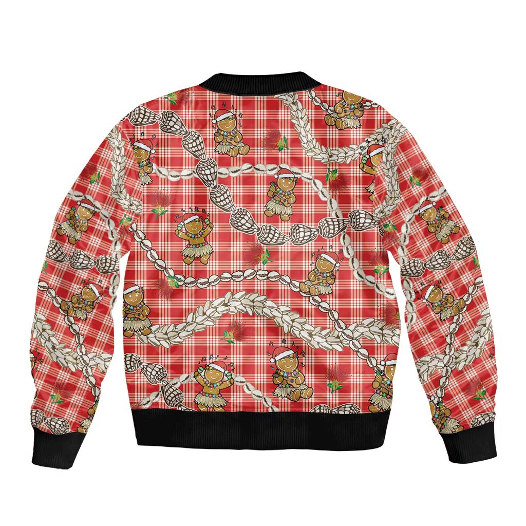 Red Palaka Hawaii Mele Kalikimaka Bomber Jacket Ohia Lehua Shell Leis Funny Gingerbread Santa LT14 - Polynesian Pride