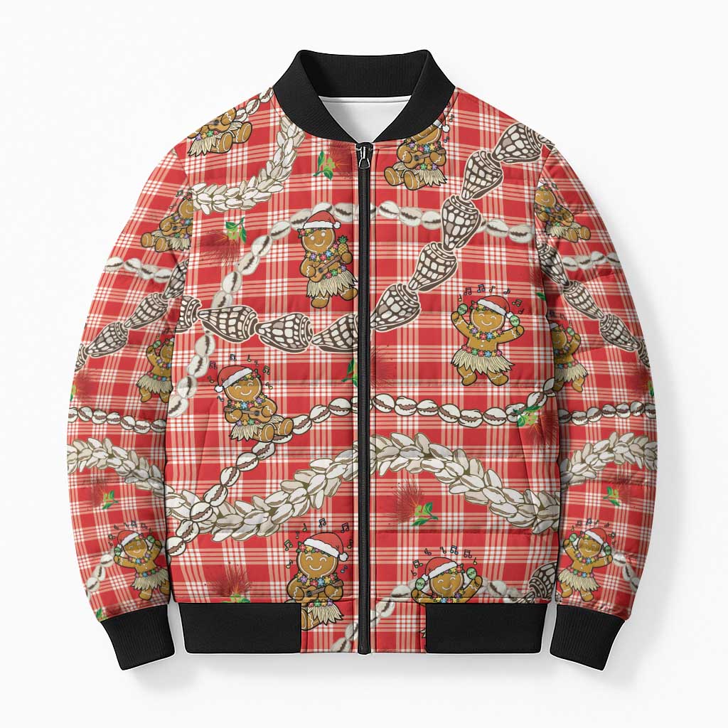 Red Palaka Hawaii Mele Kalikimaka Bomber Puffer Jacket Ohia Lehua Shell Leis Funny Gingerbread Santa LT14 Unisex Red - Polynesian Pride