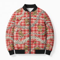Red Palaka Hawaii Mele Kalikimaka Bomber Puffer Jacket Ohia Lehua Shell Leis Funny Gingerbread Santa LT14 Unisex Red - Polynesian Pride