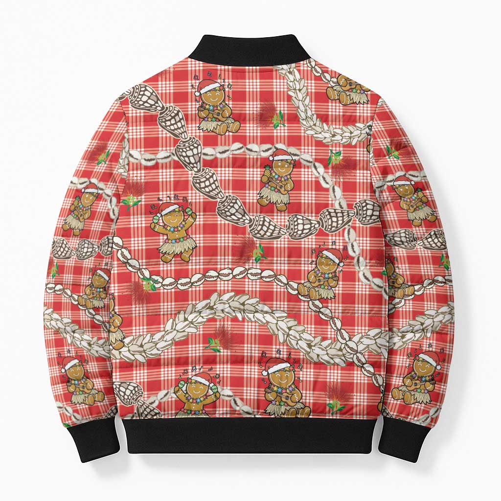 Red Palaka Hawaii Mele Kalikimaka Bomber Puffer Jacket Ohia Lehua Shell Leis Funny Gingerbread Santa LT14 - Polynesian Pride