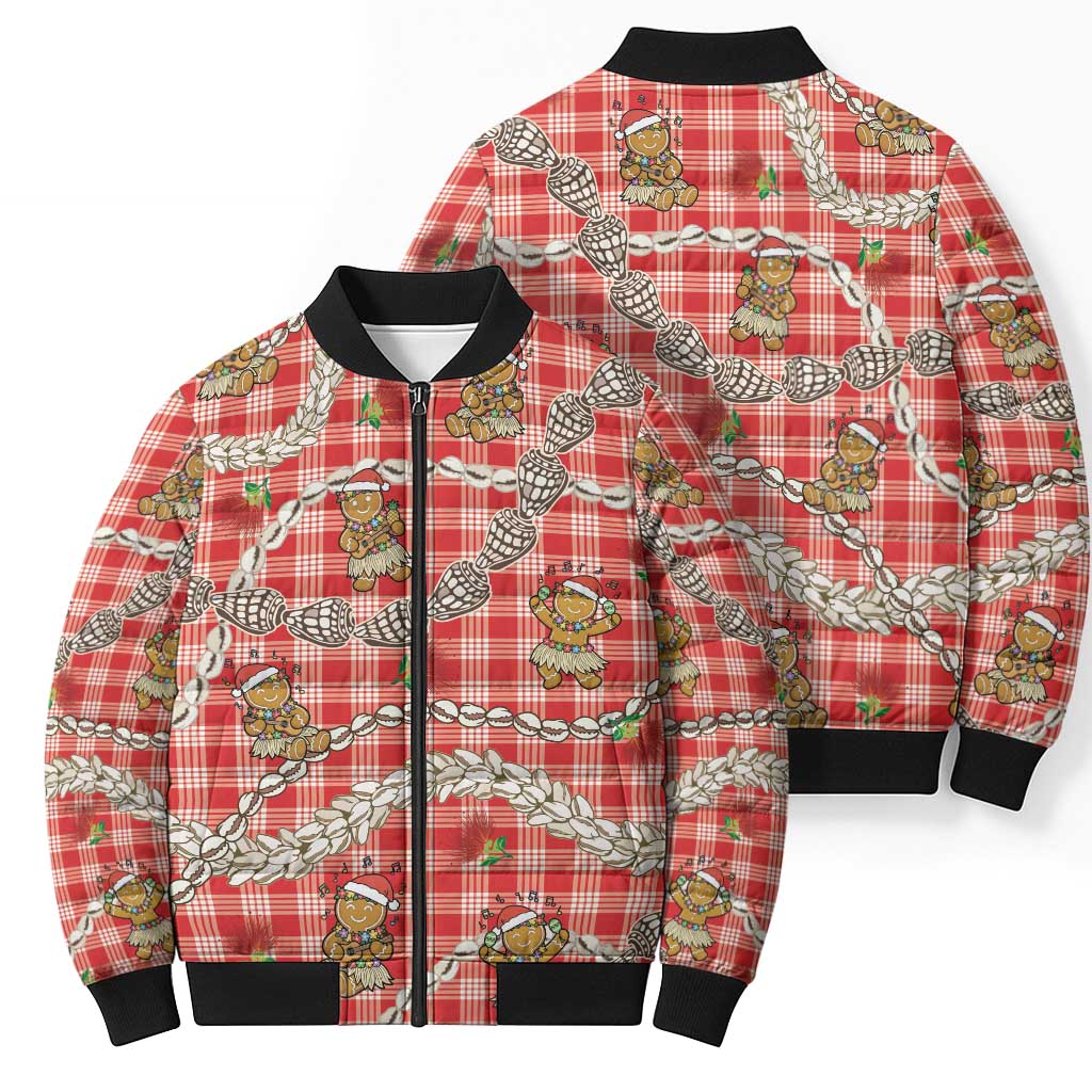 Red Palaka Hawaii Mele Kalikimaka Bomber Puffer Jacket Ohia Lehua Shell Leis Funny Gingerbread Santa LT14 - Polynesian Pride
