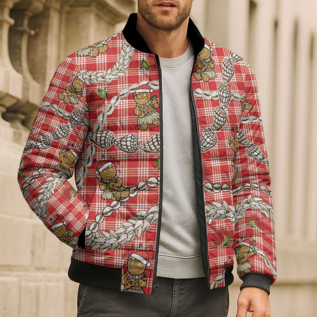 Red Palaka Hawaii Mele Kalikimaka Bomber Puffer Jacket Ohia Lehua Shell Leis Funny Gingerbread Santa LT14 - Polynesian Pride