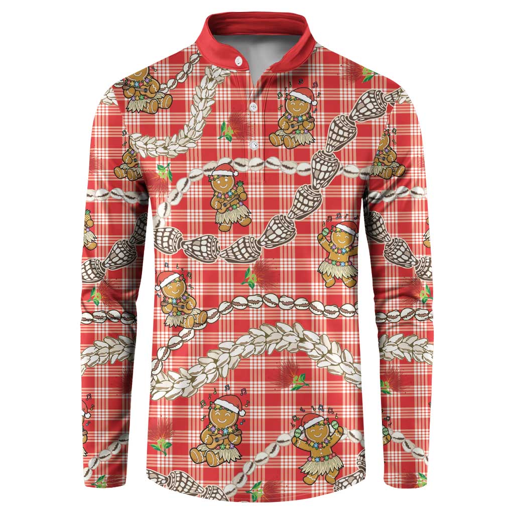 Red Palaka Hawaii Mele Kalikimaka Button Sweatshirt Ohia Lehua Shell Leis Funny Gingerbread Santa LT14 Red - Polynesian Pride