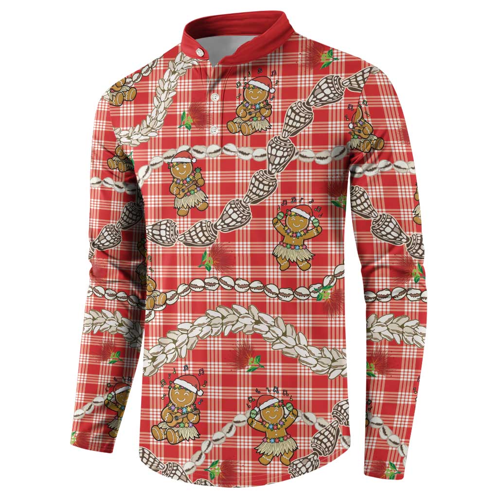 Red Palaka Hawaii Mele Kalikimaka Button Sweatshirt Ohia Lehua Shell Leis Funny Gingerbread Santa LT14 - Polynesian Pride