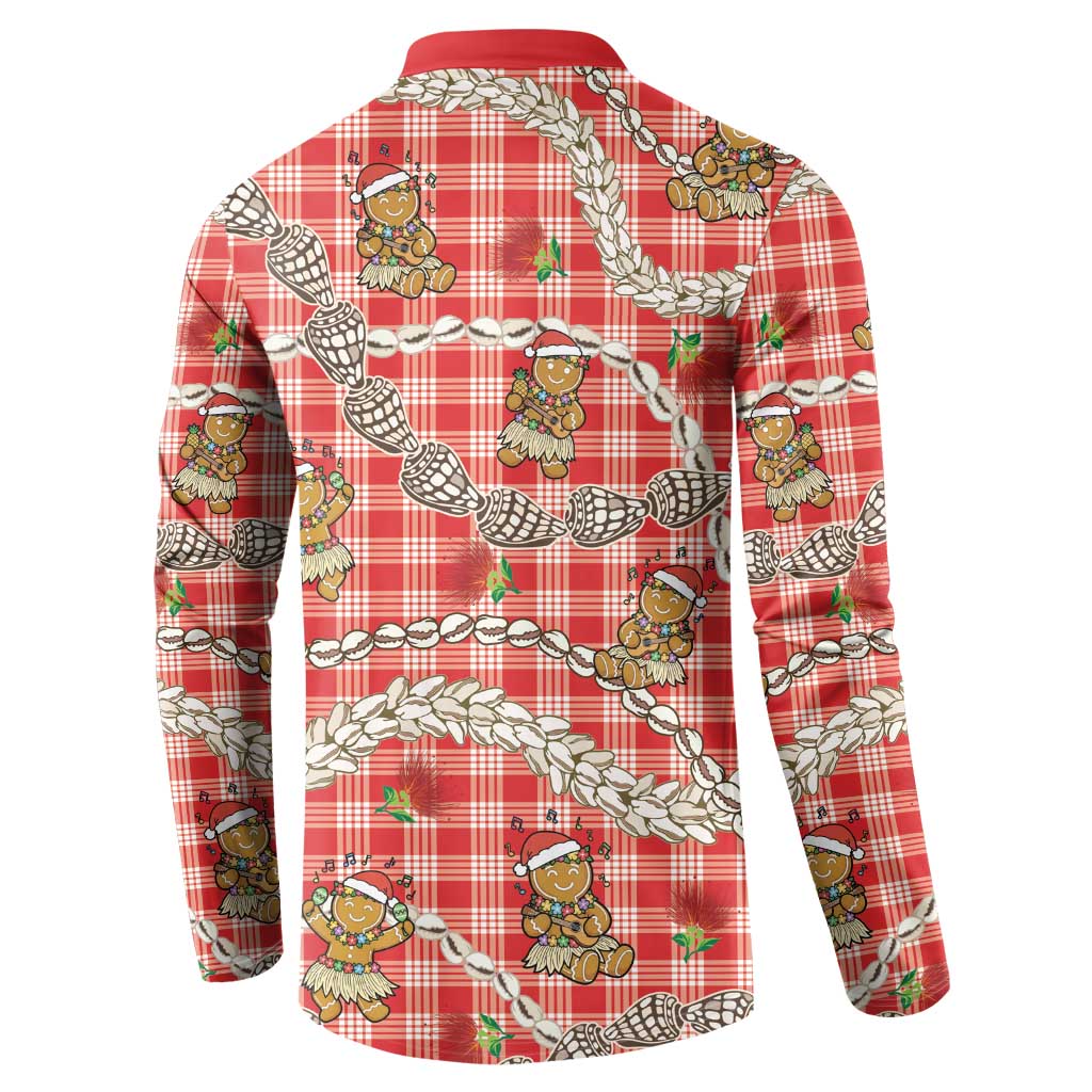 Red Palaka Hawaii Mele Kalikimaka Button Sweatshirt Ohia Lehua Shell Leis Funny Gingerbread Santa LT14 - Polynesian Pride