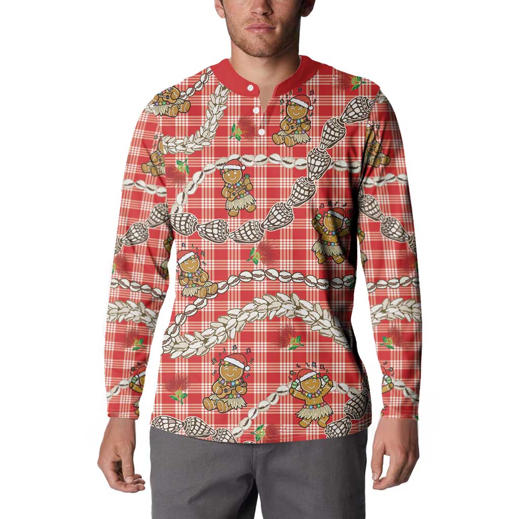 Red Palaka Hawaii Mele Kalikimaka Button Sweatshirt Ohia Lehua Shell Leis Funny Gingerbread Santa LT14 - Polynesian Pride