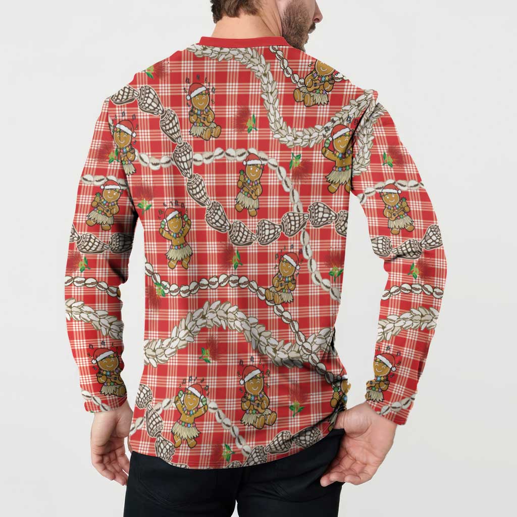 Red Palaka Hawaii Mele Kalikimaka Button Sweatshirt Ohia Lehua Shell Leis Funny Gingerbread Santa LT14 - Polynesian Pride