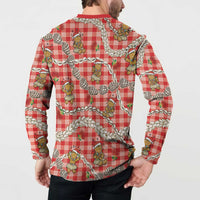 Red Palaka Hawaii Mele Kalikimaka Button Sweatshirt Ohia Lehua Shell Leis Funny Gingerbread Santa LT14 - Polynesian Pride