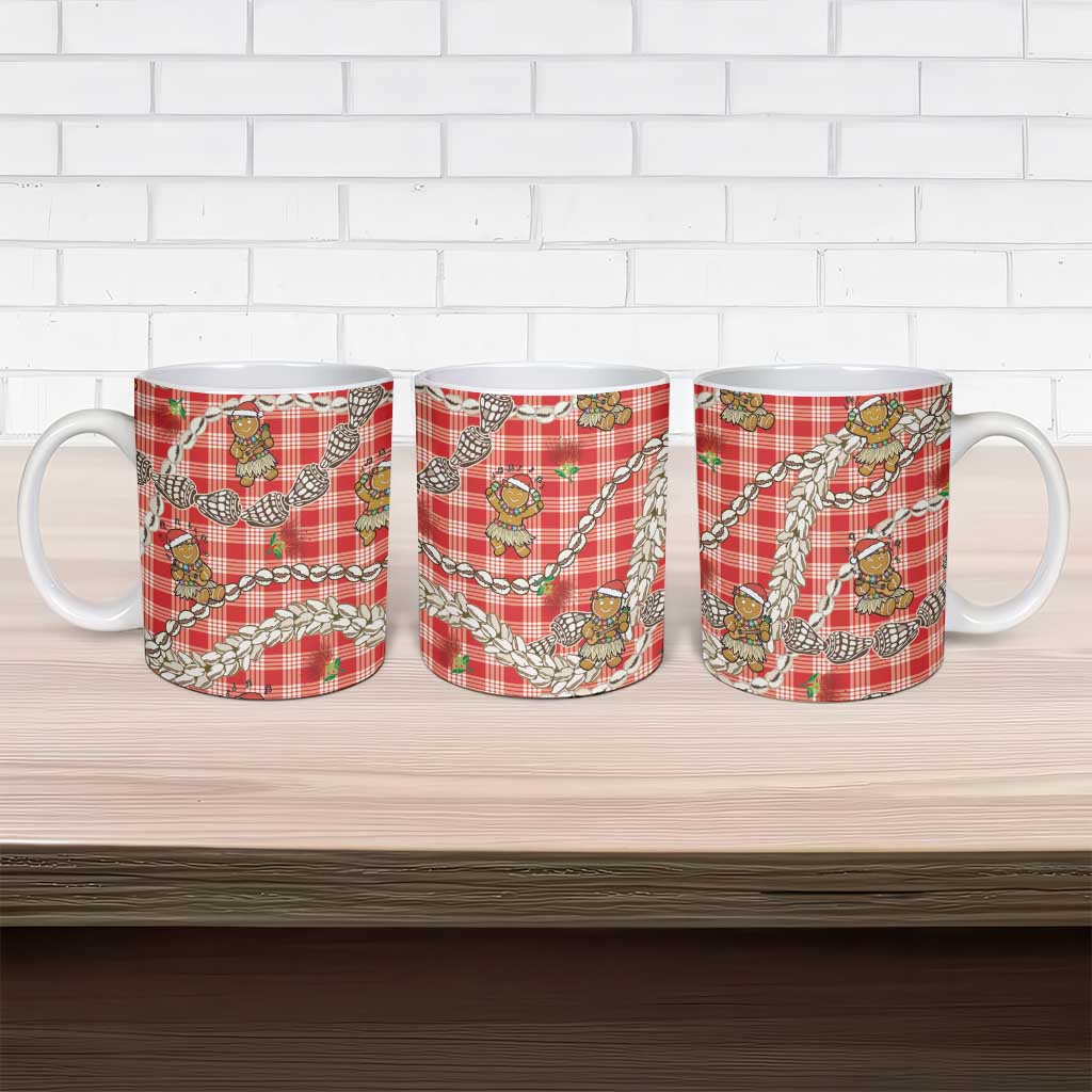 Red Palaka Hawaii Mele Kalikimaka Ceramic Mug Ohia Lehua Shell Leis Funny Gingerbread Santa - Polynesian Pride