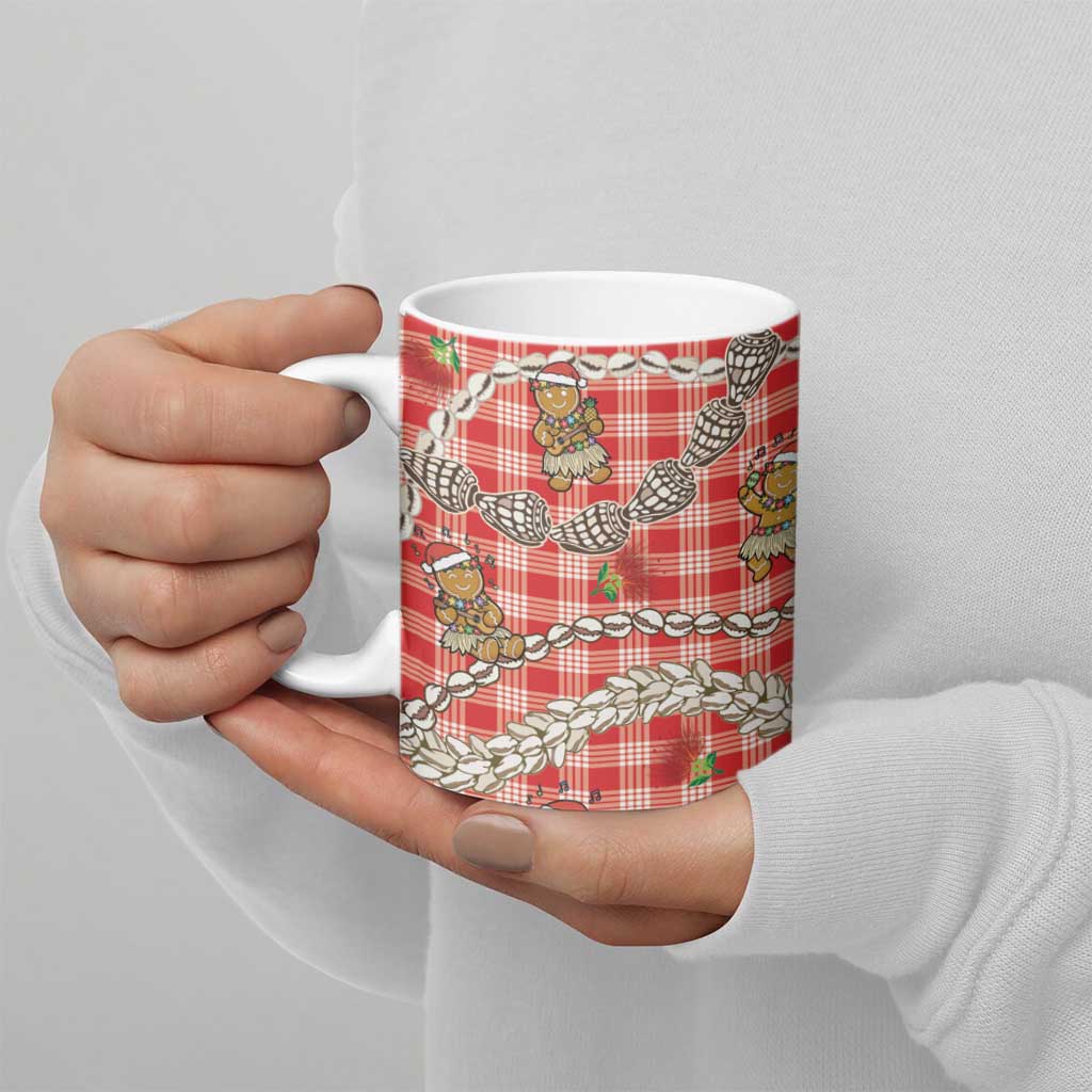 Red Palaka Hawaii Mele Kalikimaka Ceramic Mug Ohia Lehua Shell Leis Funny Gingerbread Santa - Polynesian Pride