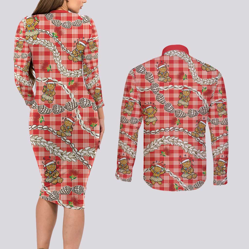 Red Palaka Hawaii Mele Kalikimaka Couples Matching Long Sleeve Bodycon Dress and Long Sleeve Button Shirt Ohia Lehua Shell Leis Funny Gingerbread Santa - Polynesian Pride