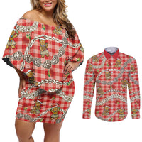 Red Palaka Hawaii Mele Kalikimaka Couples Matching Off Shoulder Short Dress and Long Sleeve Button Shirt Ohia Lehua Shell Leis Funny Gingerbread Santa - Polynesian Pride