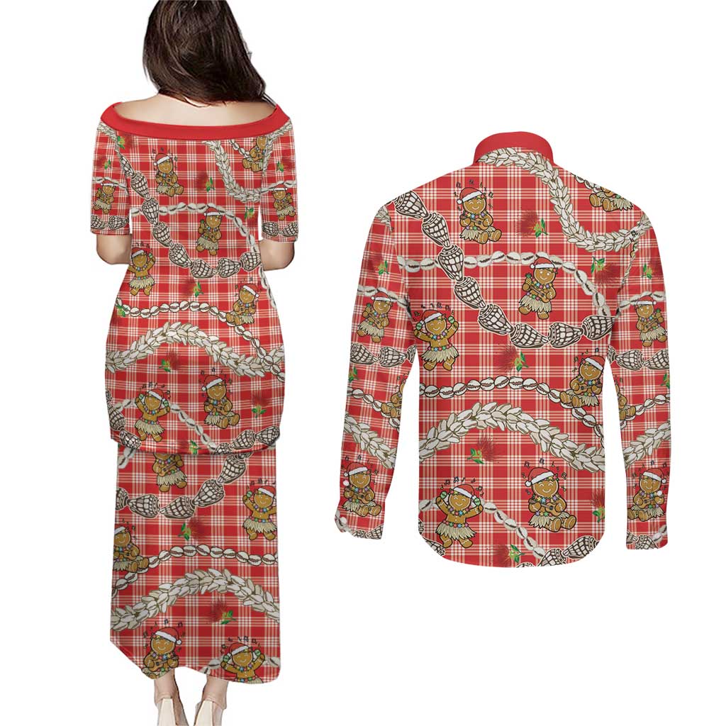 Red Palaka Hawaii Mele Kalikimaka Couples Matching Puletasi and Long Sleeve Button Shirt Ohia Lehua Shell Leis Funny Gingerbread Santa LT14 - Polynesian Pride
