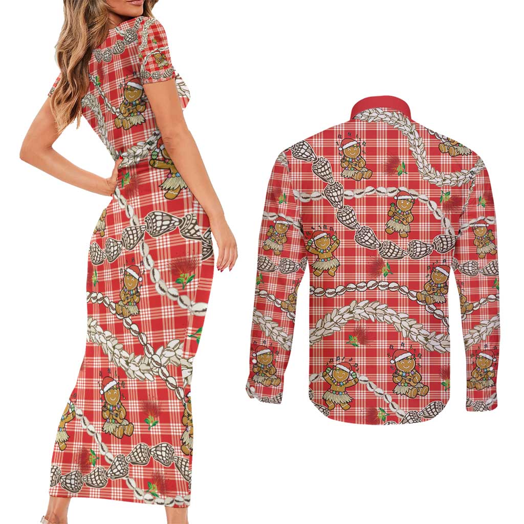 Red Palaka Hawaii Mele Kalikimaka Couples Matching Short Sleeve Bodycon Dress and Long Sleeve Button Shirt Ohia Lehua Shell Leis Funny Gingerbread Santa - Polynesian Pride