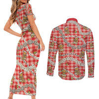 Red Palaka Hawaii Mele Kalikimaka Couples Matching Short Sleeve Bodycon Dress and Long Sleeve Button Shirt Ohia Lehua Shell Leis Funny Gingerbread Santa - Polynesian Pride