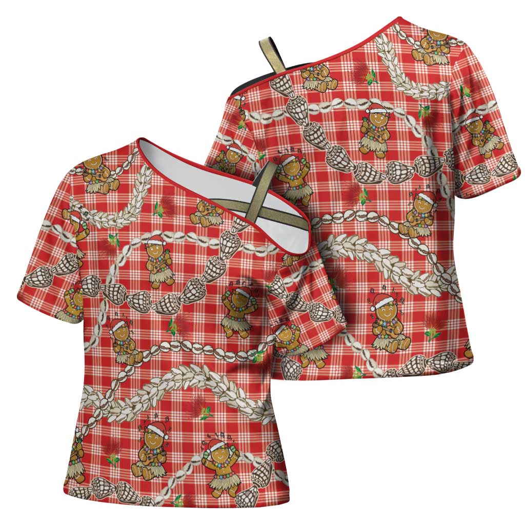 Red Palaka Hawaii Mele Kalikimaka Cross Shoulder Shirt Ohia Lehua Shell Leis Funny Gingerbread Santa - Polynesian Pride