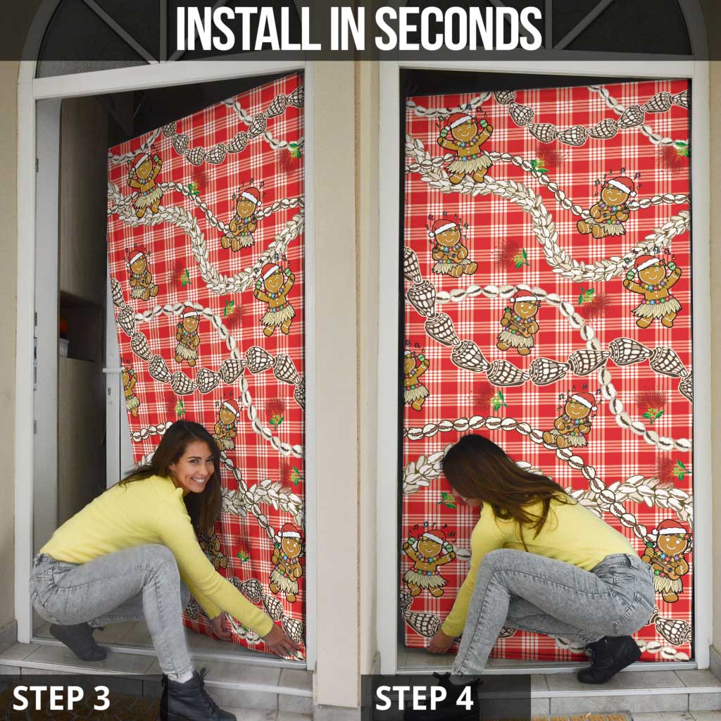 Red Palaka Hawaii Mele Kalikimaka Door Cover Ohia Lehua Shell Leis Funny Gingerbread Santa - Polynesian Pride