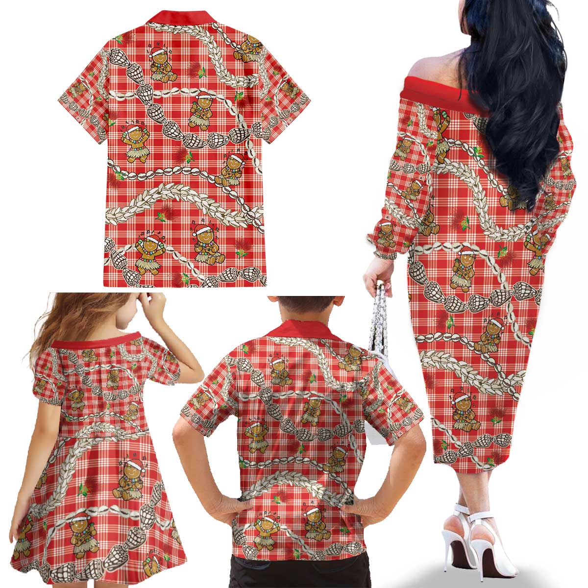 Red Palaka Hawaii Mele Kalikimaka Family Matching Off The Shoulder Long Sleeve Dress and Hawaiian Shirt Ohia Lehua Shell Leis Funny Gingerbread Santa - Polynesian Pride