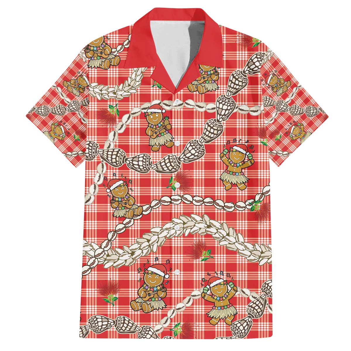 Red Palaka Hawaii Mele Kalikimaka Family Matching Off The Shoulder Long Sleeve Dress and Hawaiian Shirt Ohia Lehua Shell Leis Funny Gingerbread Santa - Polynesian Pride
