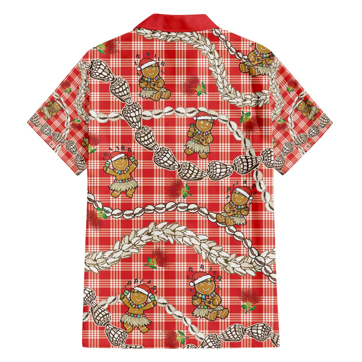 Red Palaka Hawaii Mele Kalikimaka Family Matching Off The Shoulder Long Sleeve Dress and Hawaiian Shirt Ohia Lehua Shell Leis Funny Gingerbread Santa - Polynesian Pride