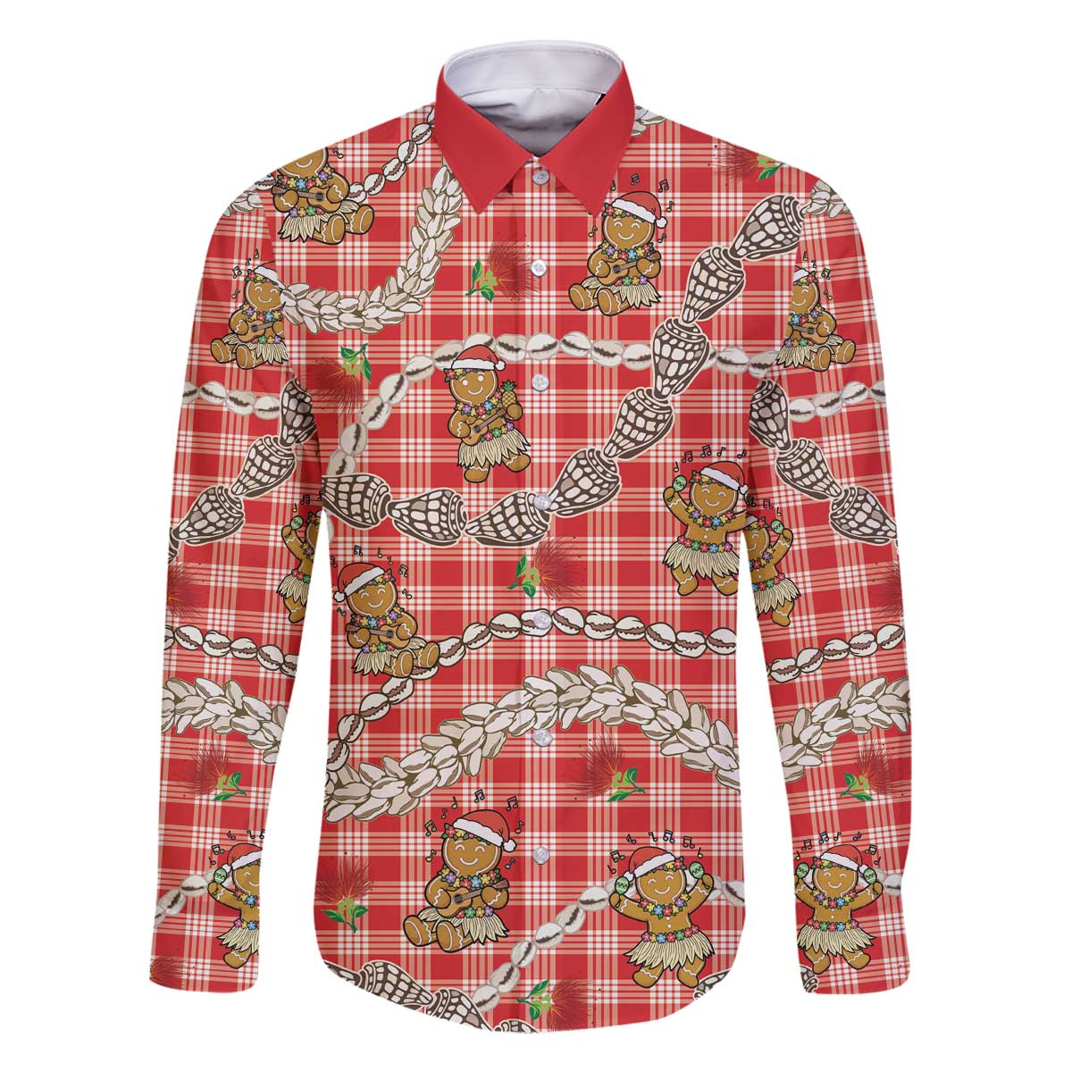 Red Palaka Hawaii Mele Kalikimaka Family Matching Off The Shoulder Long Sleeve Dress and Hawaiian Shirt Ohia Lehua Shell Leis Funny Gingerbread Santa - Polynesian Pride