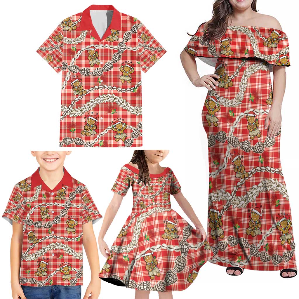 Red Palaka Hawaii Mele Kalikimaka Family Matching Off Shoulder Maxi Dress and Hawaiian Shirt Ohia Lehua Shell Leis Funny Gingerbread Santa - Polynesian Pride
