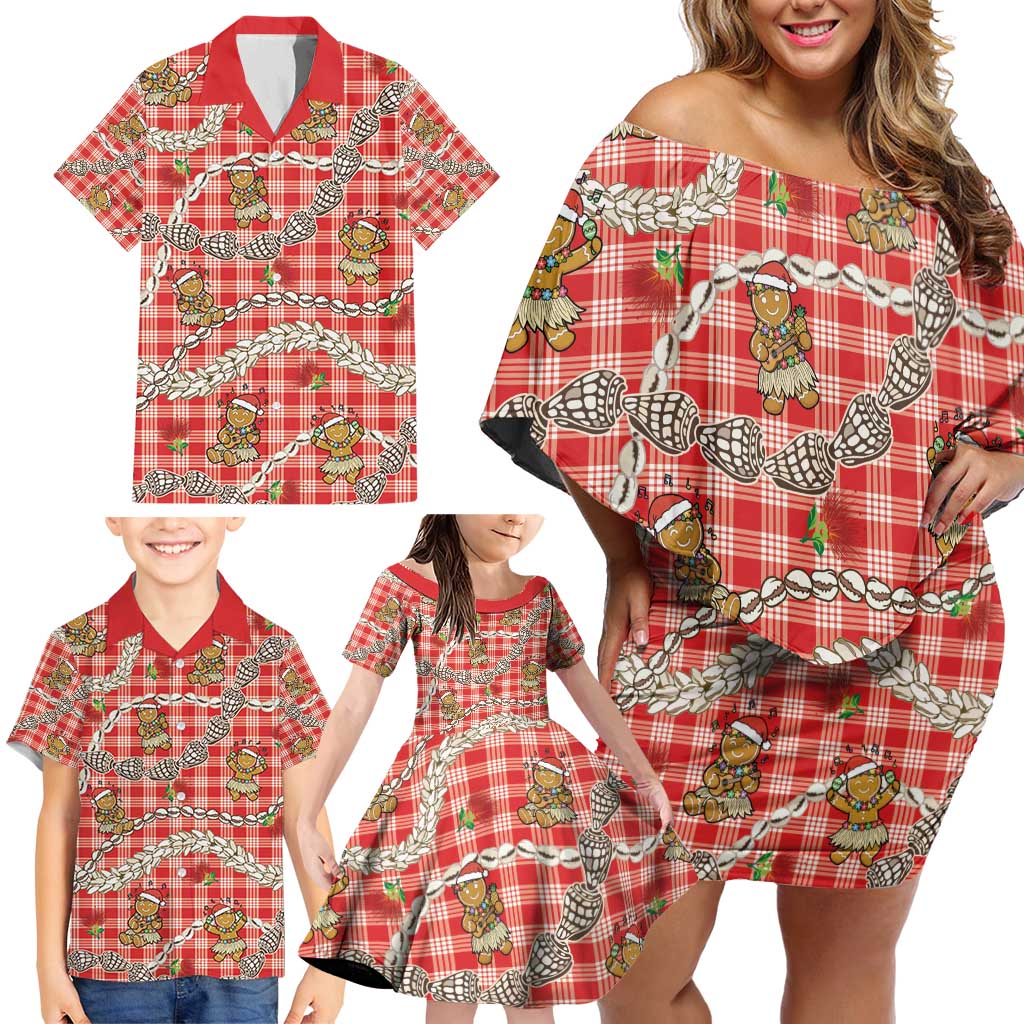Red Palaka Hawaii Mele Kalikimaka Family Matching Off Shoulder Short Dress and Hawaiian Shirt Ohia Lehua Shell Leis Funny Gingerbread Santa - Polynesian Pride