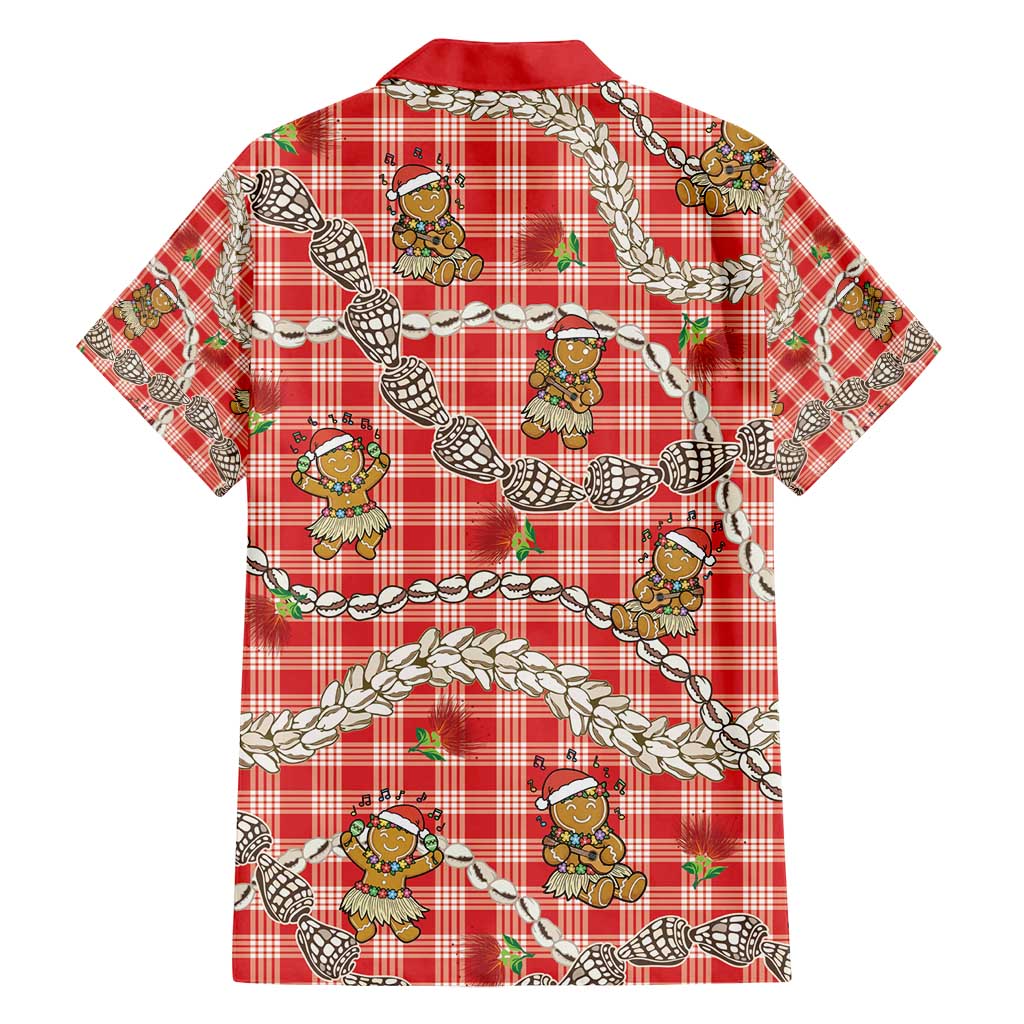 Red Palaka Hawaii Mele Kalikimaka Family Matching Off Shoulder Short Dress and Hawaiian Shirt Ohia Lehua Shell Leis Funny Gingerbread Santa - Polynesian Pride
