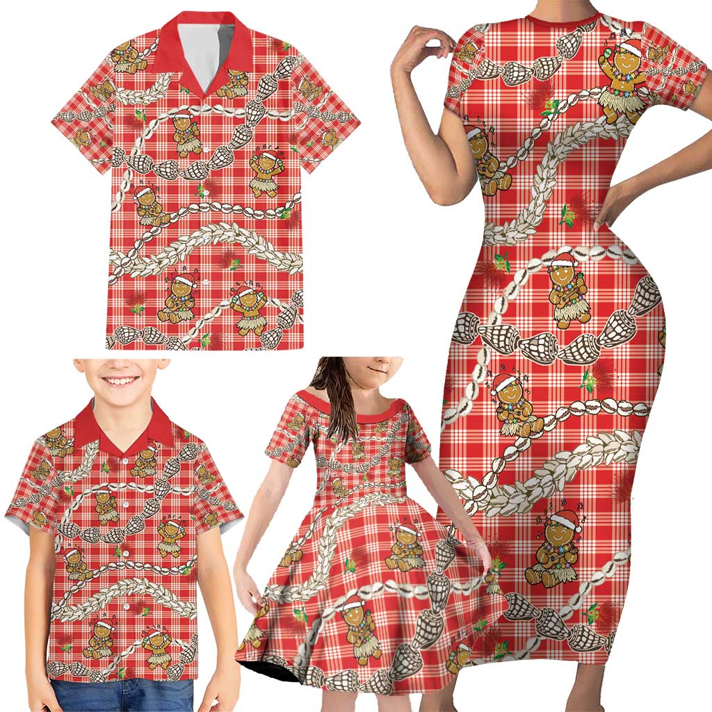 Red Palaka Hawaii Mele Kalikimaka Family Matching Short Sleeve Bodycon Dress and Hawaiian Shirt Ohia Lehua Shell Leis Funny Gingerbread Santa - Polynesian Pride