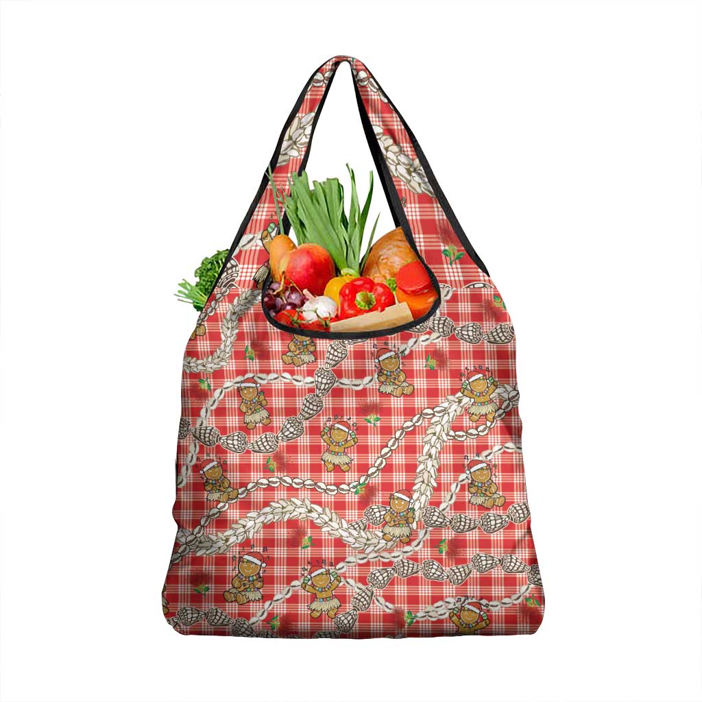 Red Palaka Hawaii Mele Kalikimaka Grocery Bag Ohia Lehua Shell Leis Funny Gingerbread Santa LT14 1-pack One Size Red - Polynesian Pride