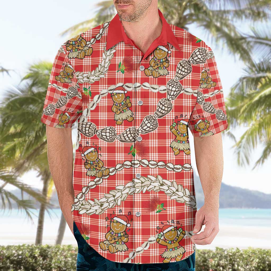 Red Palaka Hawaii Mele Kalikimaka Hawaiian Shirt Ohia Lehua Shell Leis Funny Gingerbread Santa - Polynesian Pride