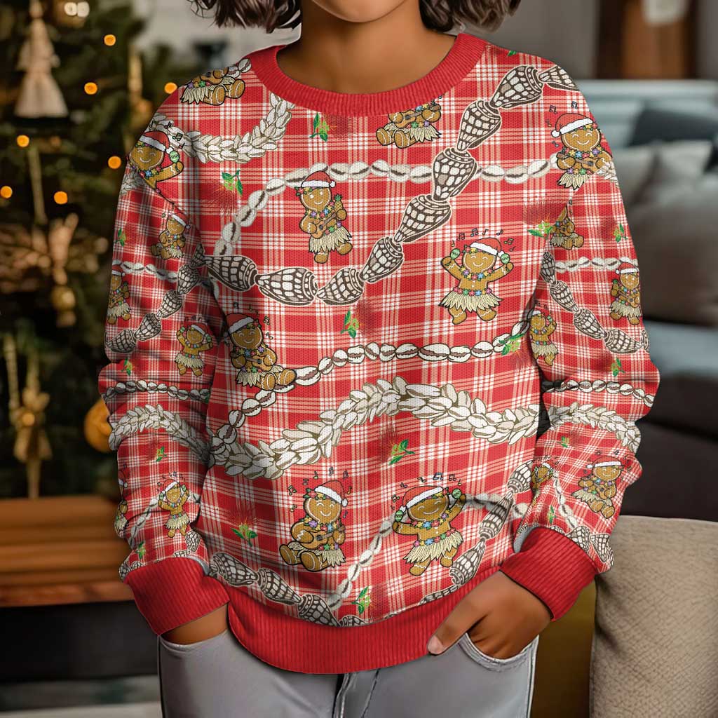 Red Palaka Hawaii Mele Kalikimaka Kid Ugly Christmas Sweater Ohia Lehua Shell Leis Funny Gingerbread Santa LT14 - Polynesian Pride