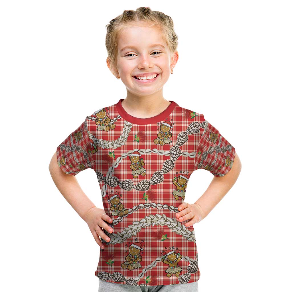 Red Palaka Hawaii Mele Kalikimaka Kid T Shirt Ohia Lehua Shell Leis Funny Gingerbread Santa - Polynesian Pride