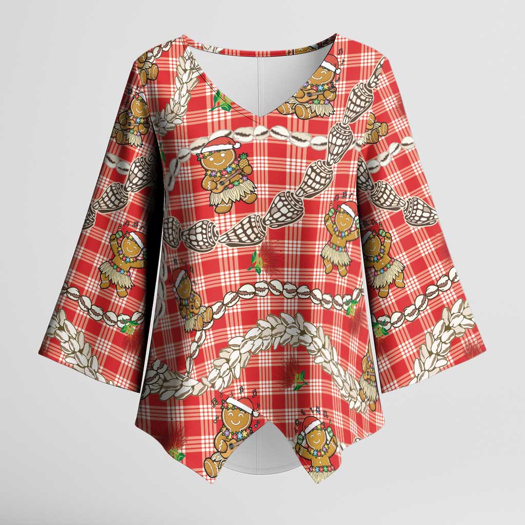 Red Palaka Hawaii Mele Kalikimaka Kimono Sleeve Blouse Ohia Lehua Shell Leis Funny Gingerbread Santa LT14 Female Red - Polynesian Pride