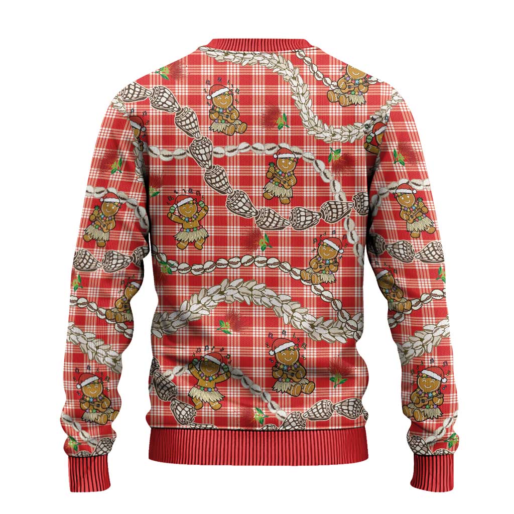 Red Palaka Hawaii Mele Kalikimaka Ugly Christmas Sweater Ohia Lehua Shell Leis Funny Gingerbread Santa - Polynesian Pride