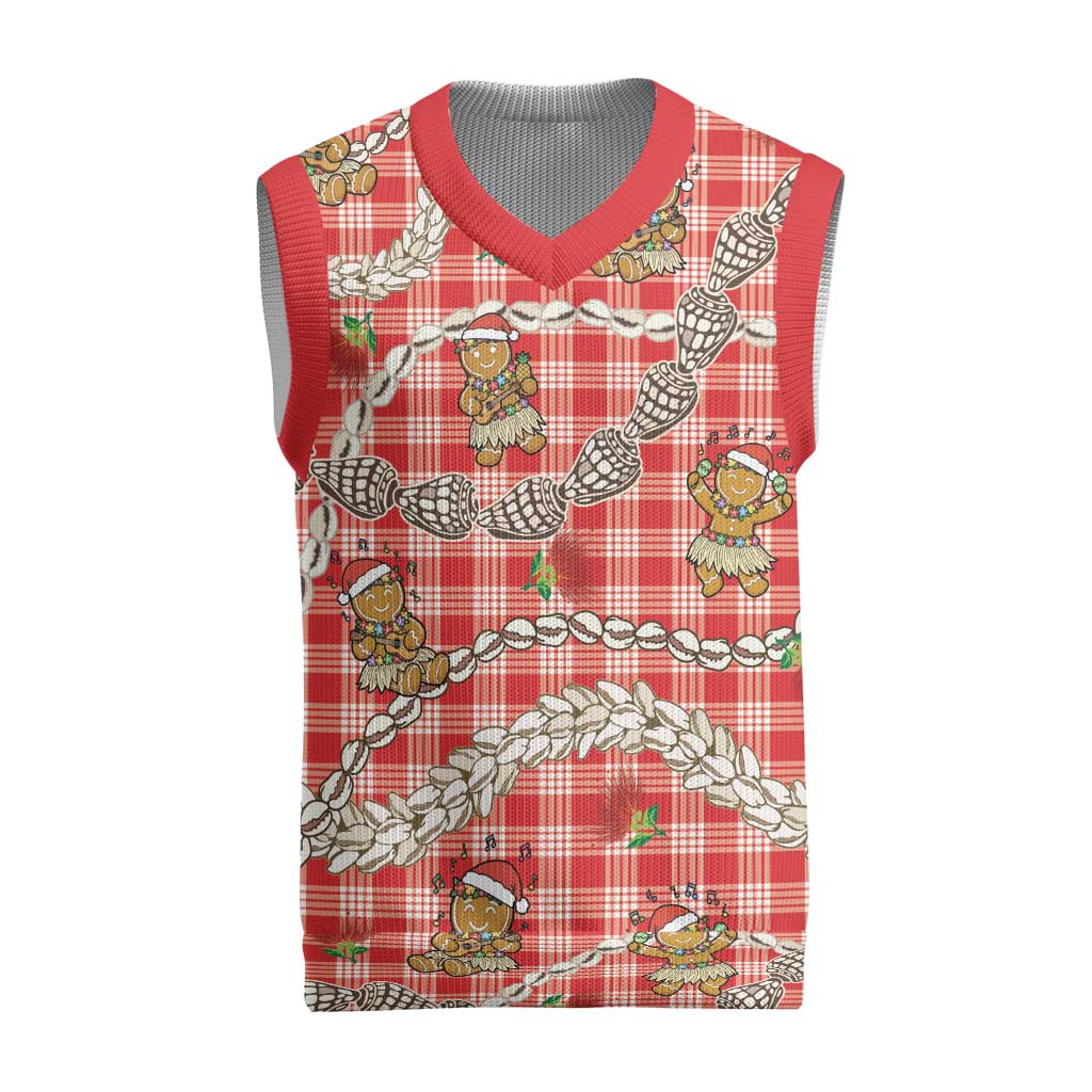 Red Palaka Hawaii Mele Kalikimaka Christmas Knitted V-Neck Vest Ohia Lehua Shell Leis Funny Gingerbread Santa LT14 Red - Polynesian Pride