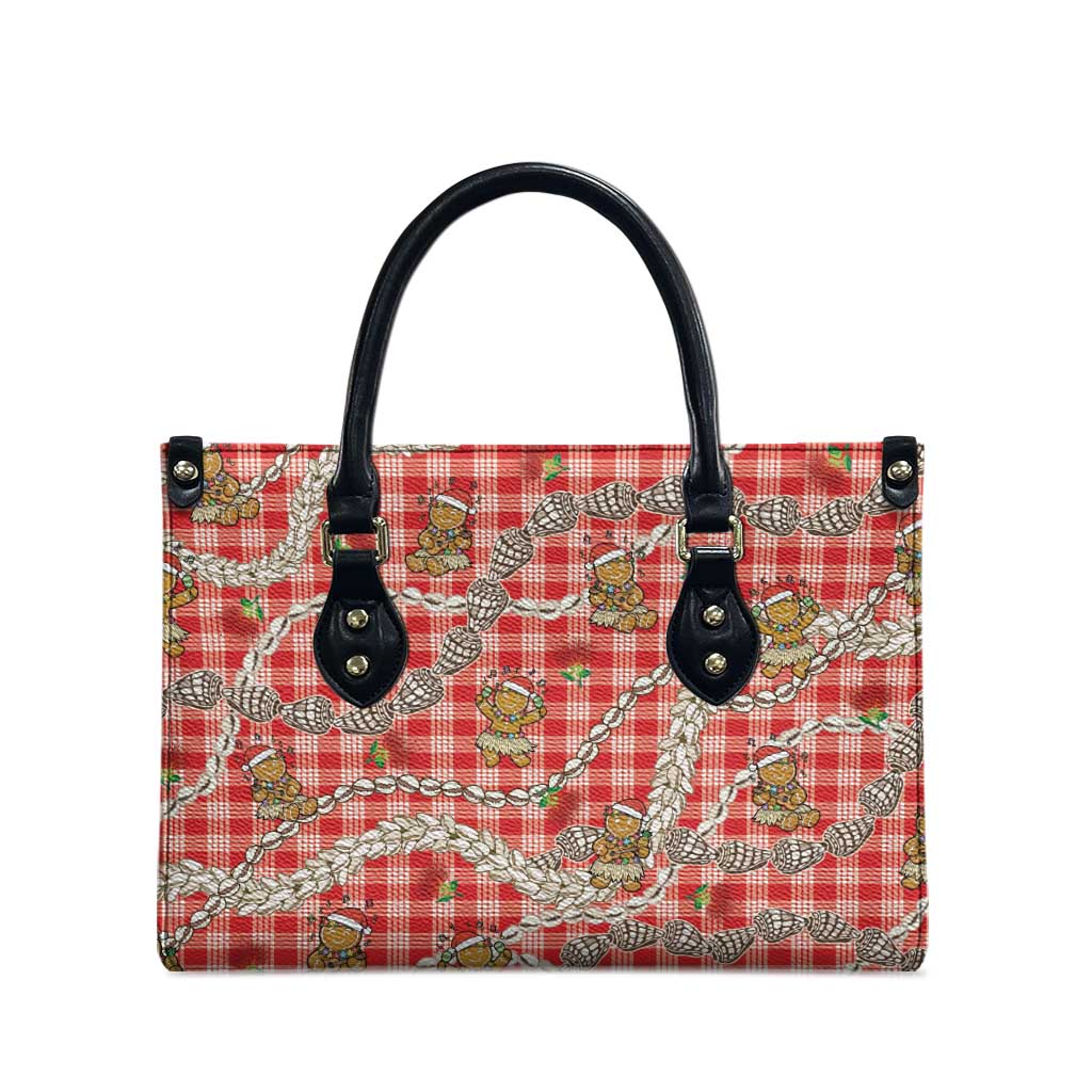 Red Palaka Hawaii Mele Kalikimaka Leather Bag Ohia Lehua Shell Leis Funny Gingerbread Santa - Polynesian Pride