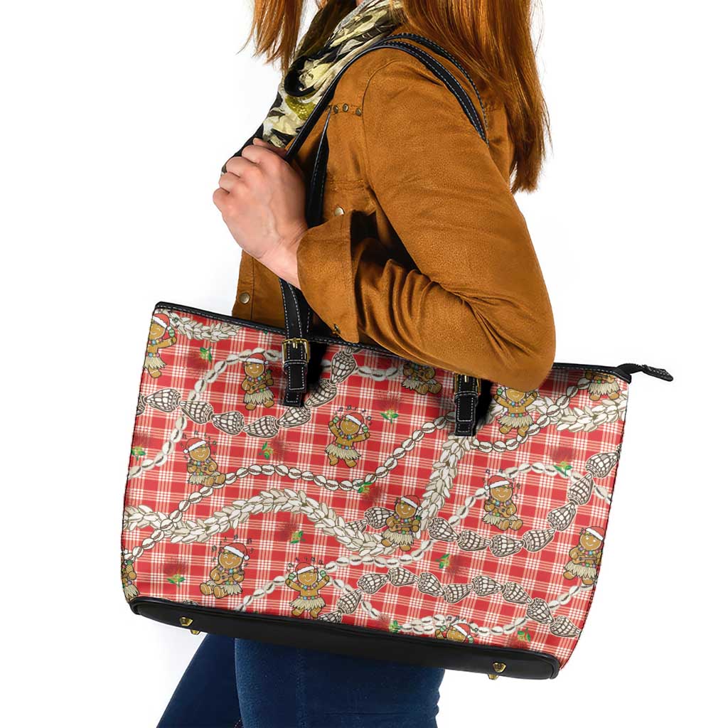 Red Palaka Hawaii Mele Kalikimaka Leather Tote Bag Ohia Lehua Shell Leis Funny Gingerbread Santa LT14 Red - Polynesian Pride