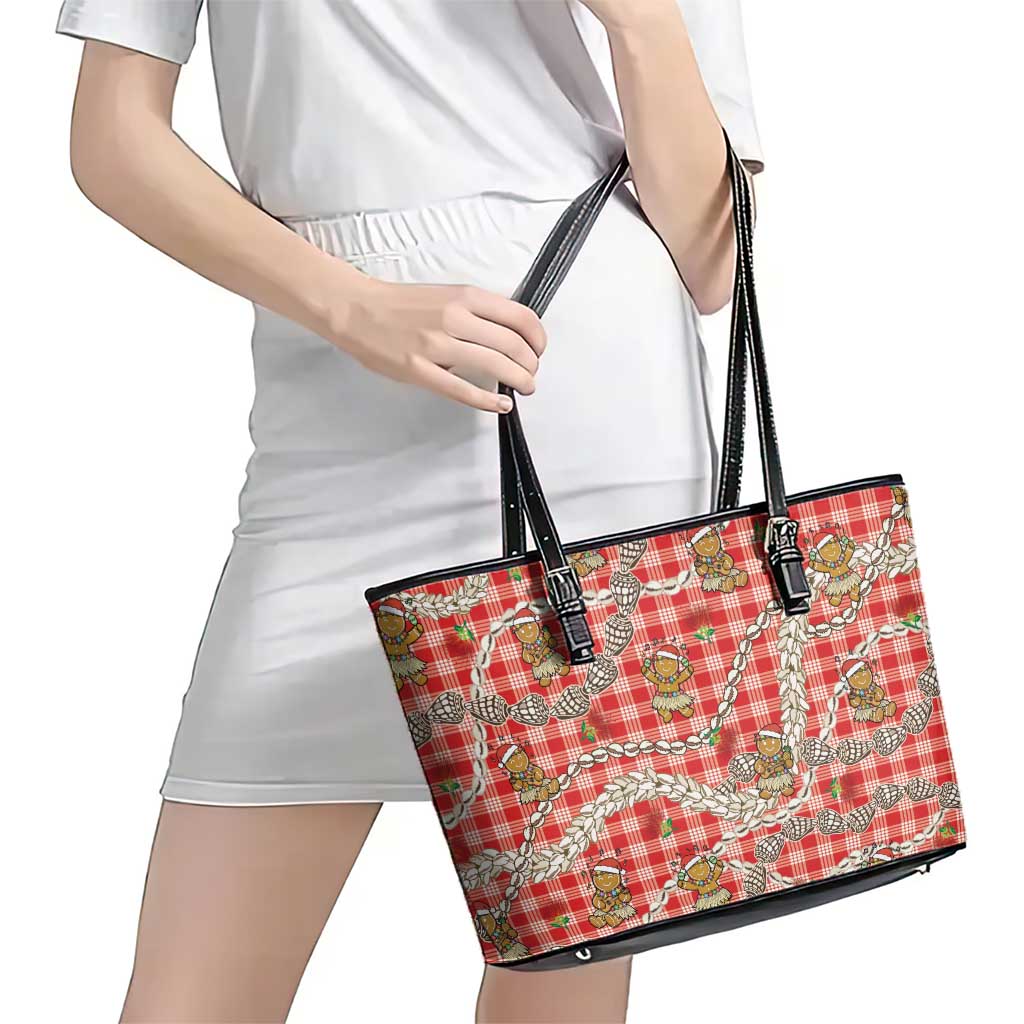 Red Palaka Hawaii Mele Kalikimaka Leather Tote Bag Ohia Lehua Shell Leis Funny Gingerbread Santa - Polynesian Pride