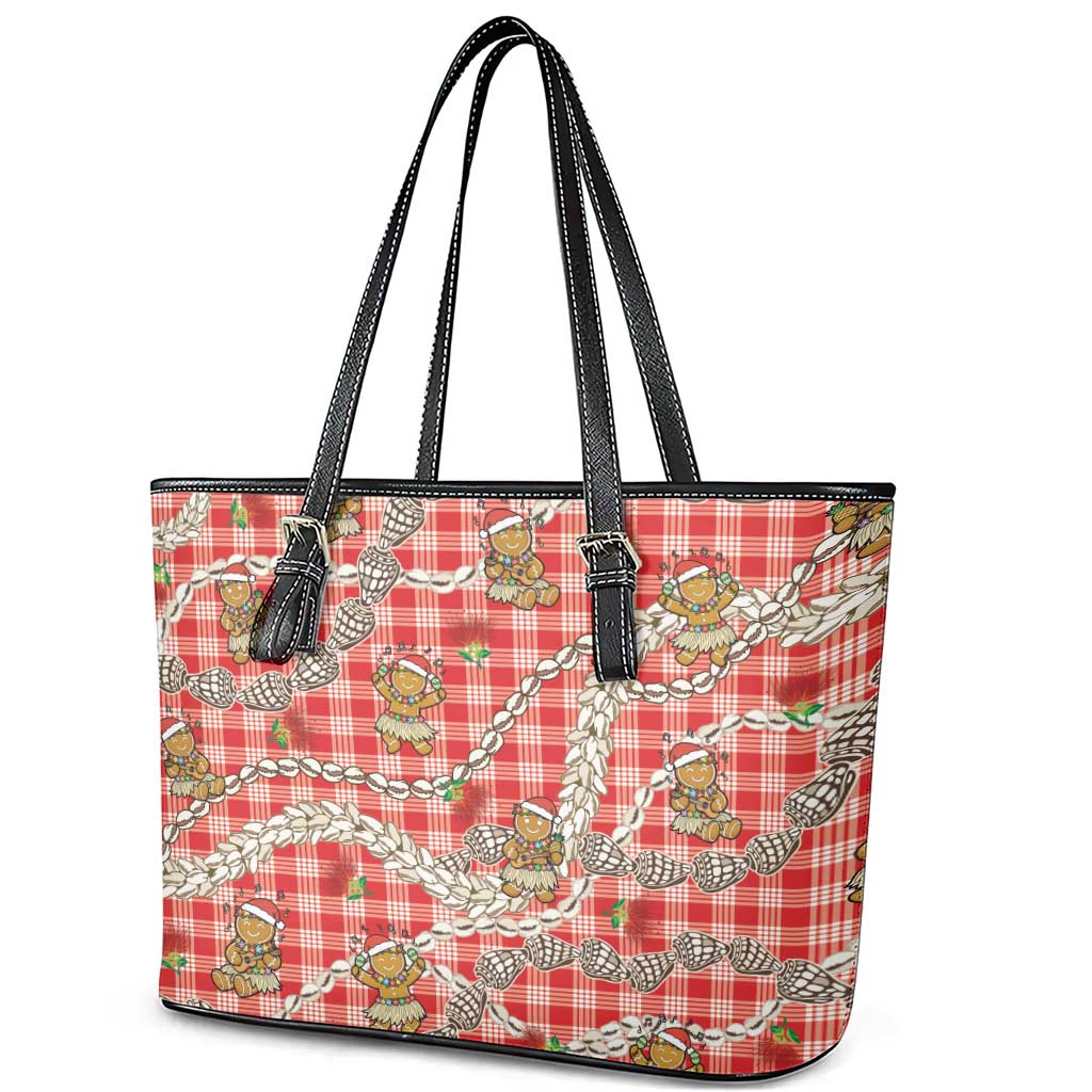 Red Palaka Hawaii Mele Kalikimaka Leather Tote Bag Ohia Lehua Shell Leis Funny Gingerbread Santa - Polynesian Pride