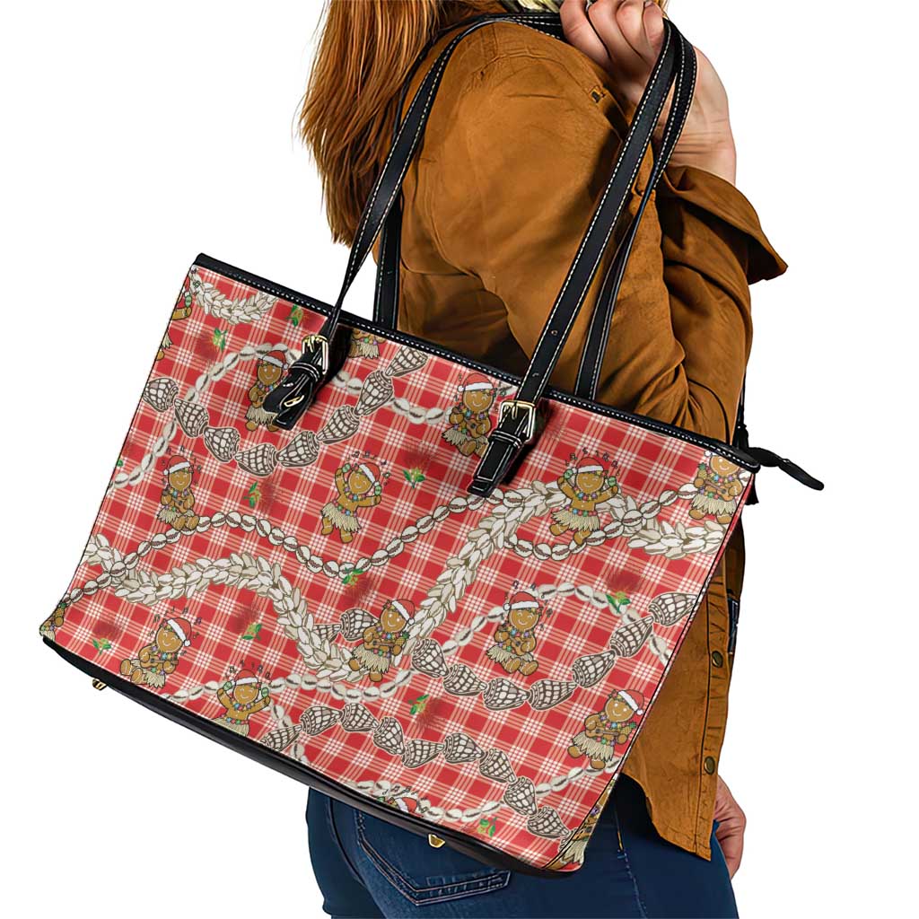 Red Palaka Hawaii Mele Kalikimaka Leather Tote Bag Ohia Lehua Shell Leis Funny Gingerbread Santa - Polynesian Pride