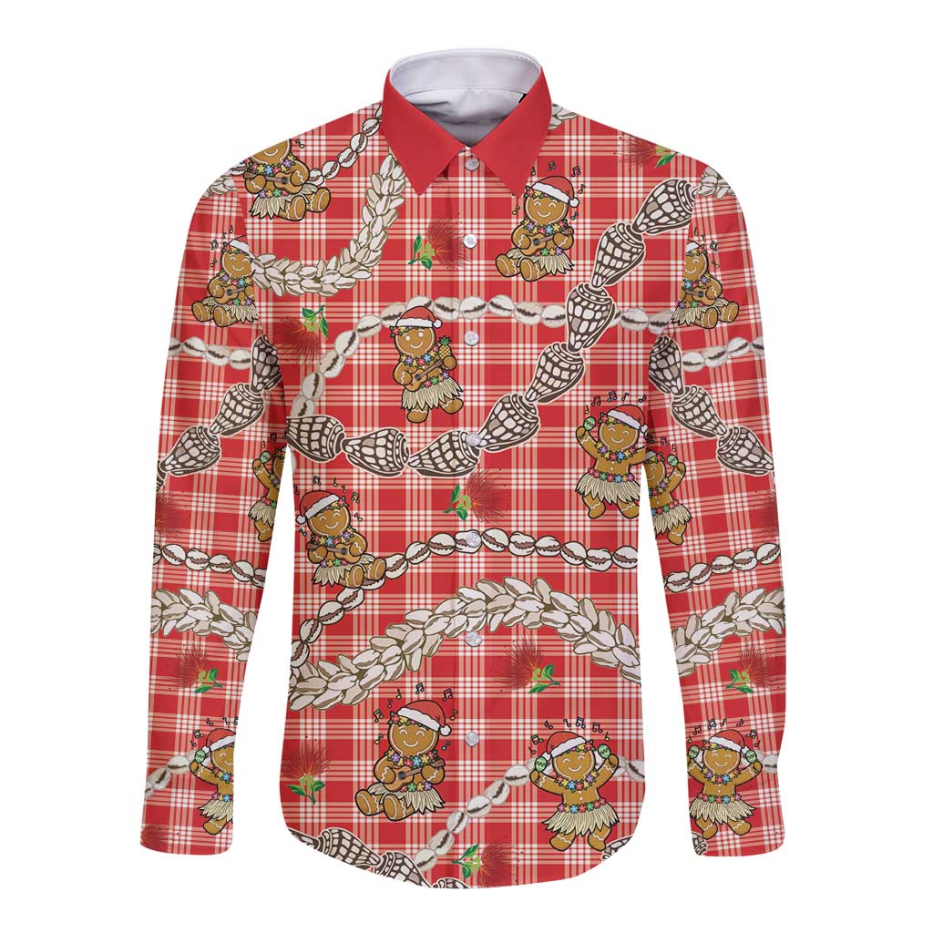 Red Palaka Hawaii Mele Kalikimaka Long Sleeve Button Shirt Ohia Lehua Shell Leis Funny Gingerbread Santa LT14 Unisex Red - Polynesian Pride