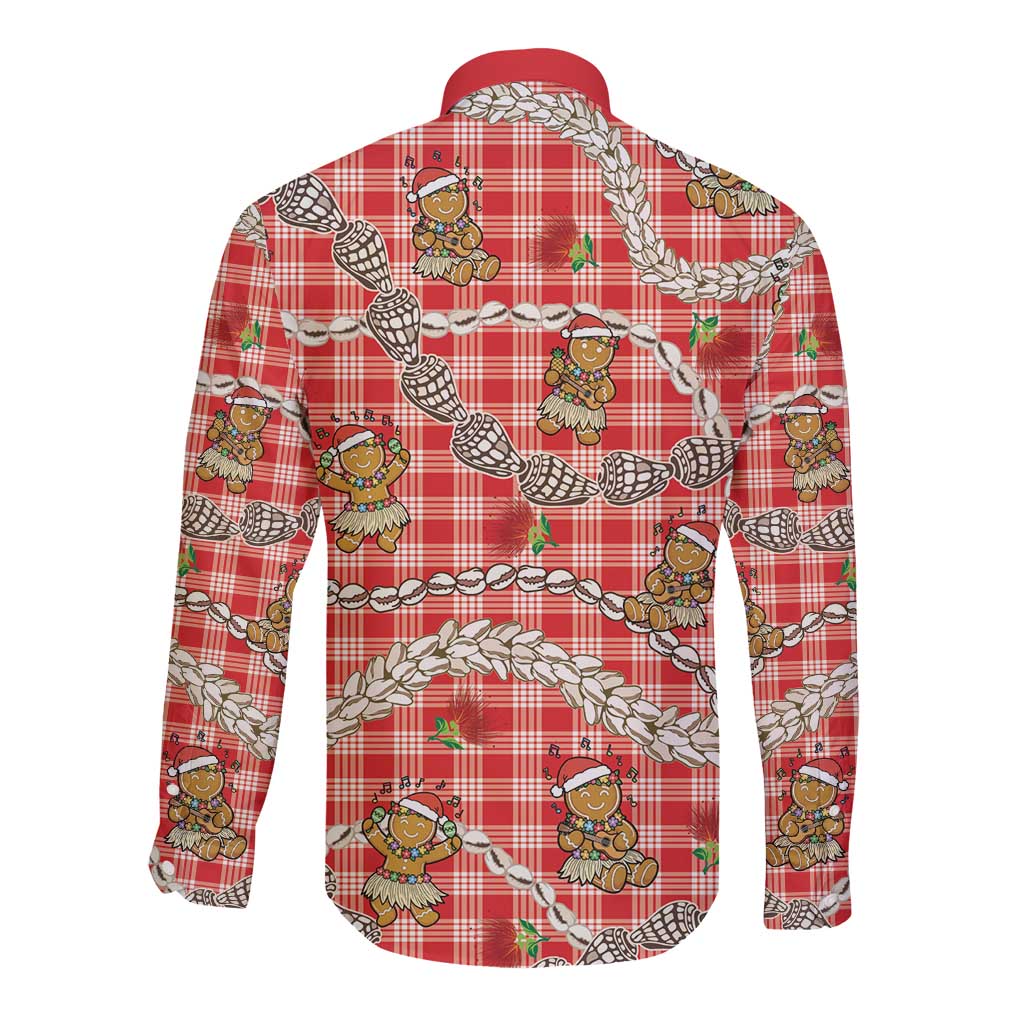 Red Palaka Hawaii Mele Kalikimaka Long Sleeve Button Shirt Ohia Lehua Shell Leis Funny Gingerbread Santa LT14 - Polynesian Pride